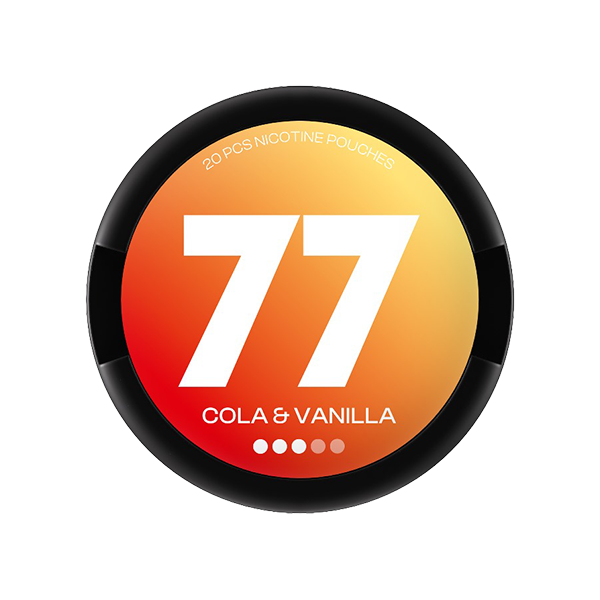 77 Cola & Vanilla nicotine pouches featuring a bold design, perfect for an icy soda and vanilla flavor experience.