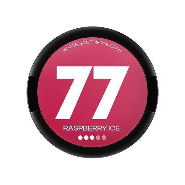 77 Raspberry Ice nicotine pouches packaging featuring fruity flavor and icy kick, perfect for on-the-go use.