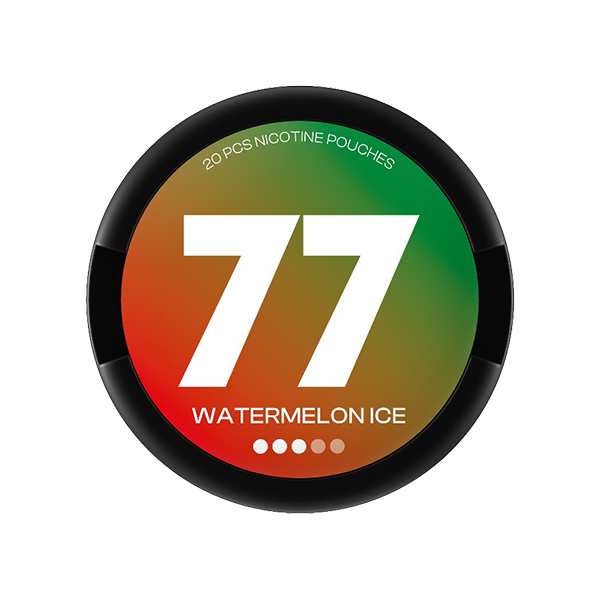 77 Watermelon Ice nicotine pouches packaging, featuring a vibrant design and 20 pcs per container.