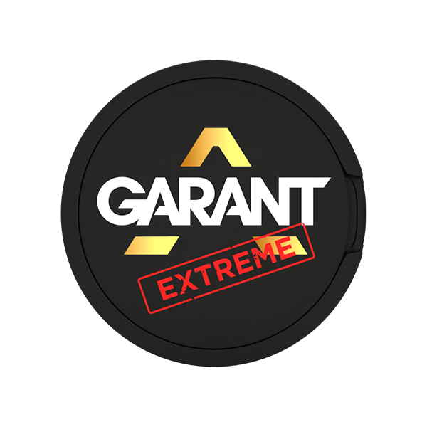 GARANT Extreme nicotine pouches lid featuring bold logo and red stamp, offering intense mint flavor and high nicotine impact.