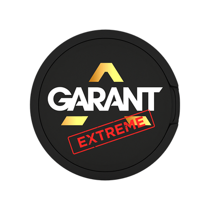 GARANT Extreme nicotine pouches lid featuring bold logo and red stamp, offering intense mint flavor and high nicotine impact.