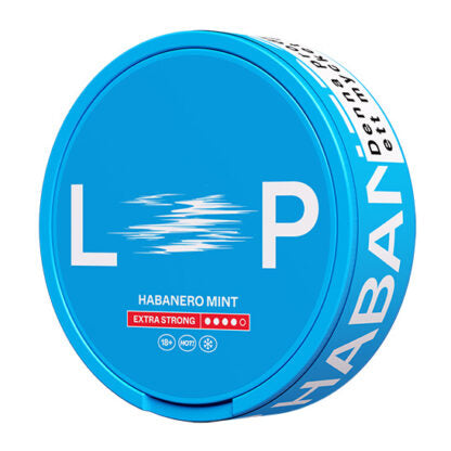 LOOP Habanero Mint nicotine pouches can, extra strong flavor, blue packaging, for intense nicotine experience.