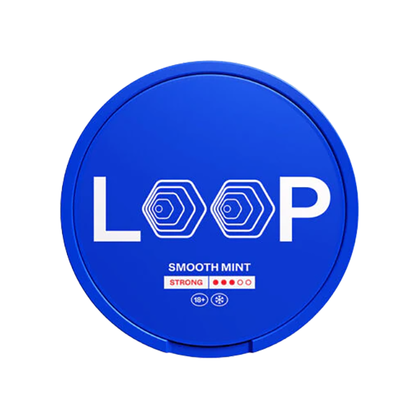 LOOP Smooth Mint nicotine pouches in a blue container offering strong mint flavor and a nicotine kick.